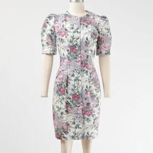 Vintage 80s Floral Sheath Pearl Buttons Lace Cottagecore Romantic Party Dress S